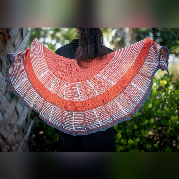 Hand Crafted OOAK Avantgarde Boho Striped Cotton Orange Blue Summer Knit Shawl - Picture 2 of 15